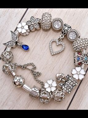 Pandora Moments Snake Chain Charm Bracelet with Assorted Charms Silver & Blue